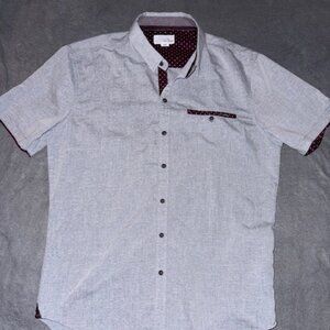 Craft & Flow Short Sleeve Button Down Shirt Men’s Size L Gray Maroon Trim Casual